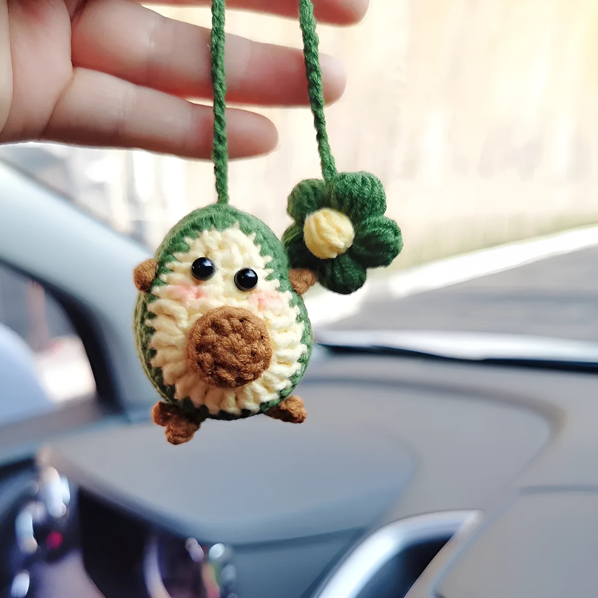 Handmade crocheted car pendant in avocado, pink rainbow, or red rainbow colours