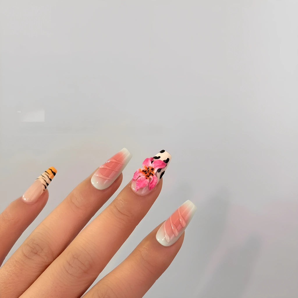 Lily and zebra pattern hand-carved press-on nail art set in a long, wear-resistant style.