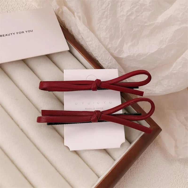 Wine red leather bow hair barrettes handcrafted women's hair clip accessories