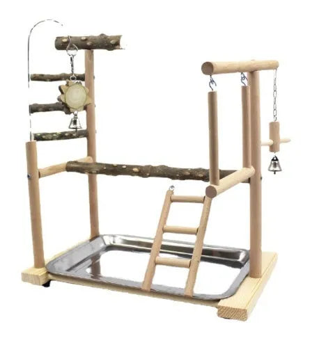 Pepper wood parrot stand with platform, pole, and attached patterned chew toys