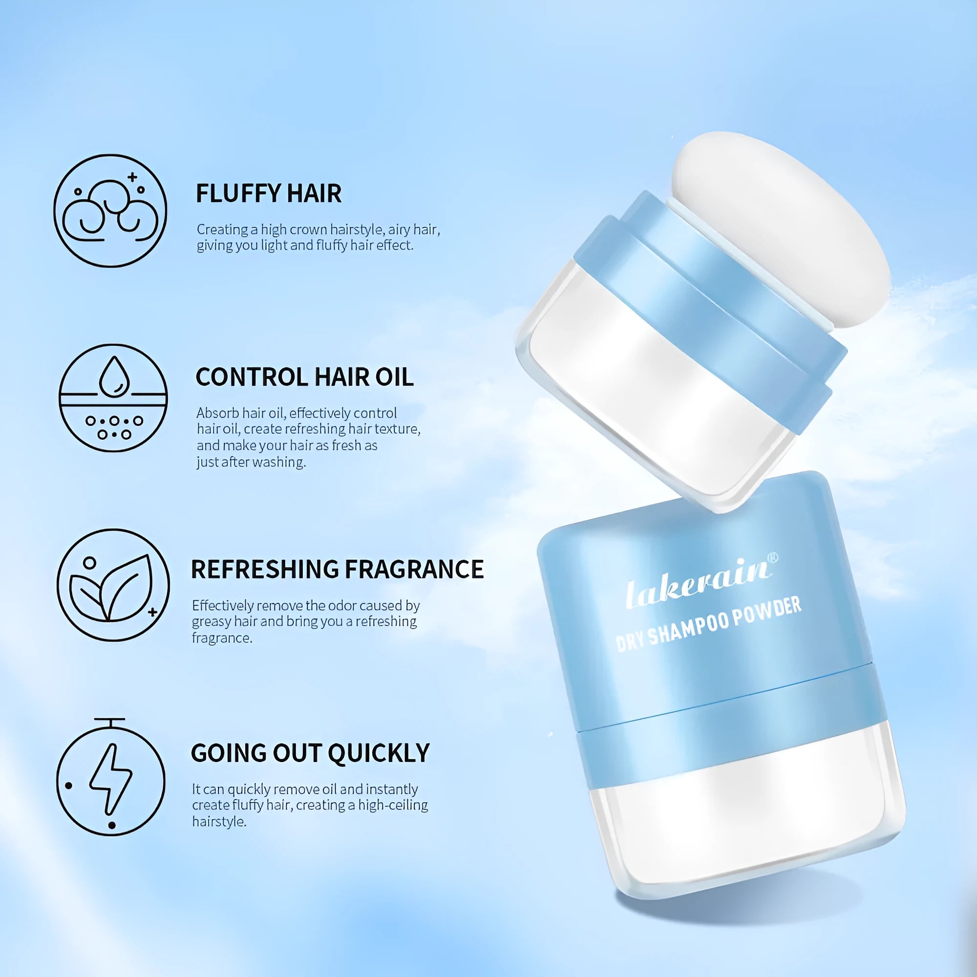 Single-use 5g packet of dry shampoo powder for oily hair, shown with floral, cherry, and ocean scent variants.