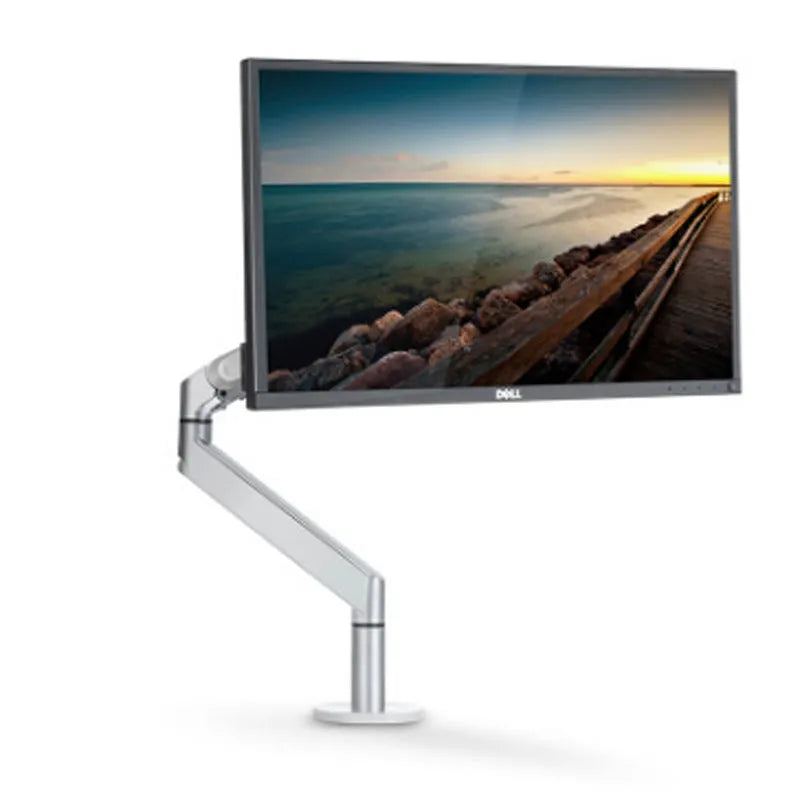 Black aluminium laptop stand with adjustable air pressure arm holding a notebook computer