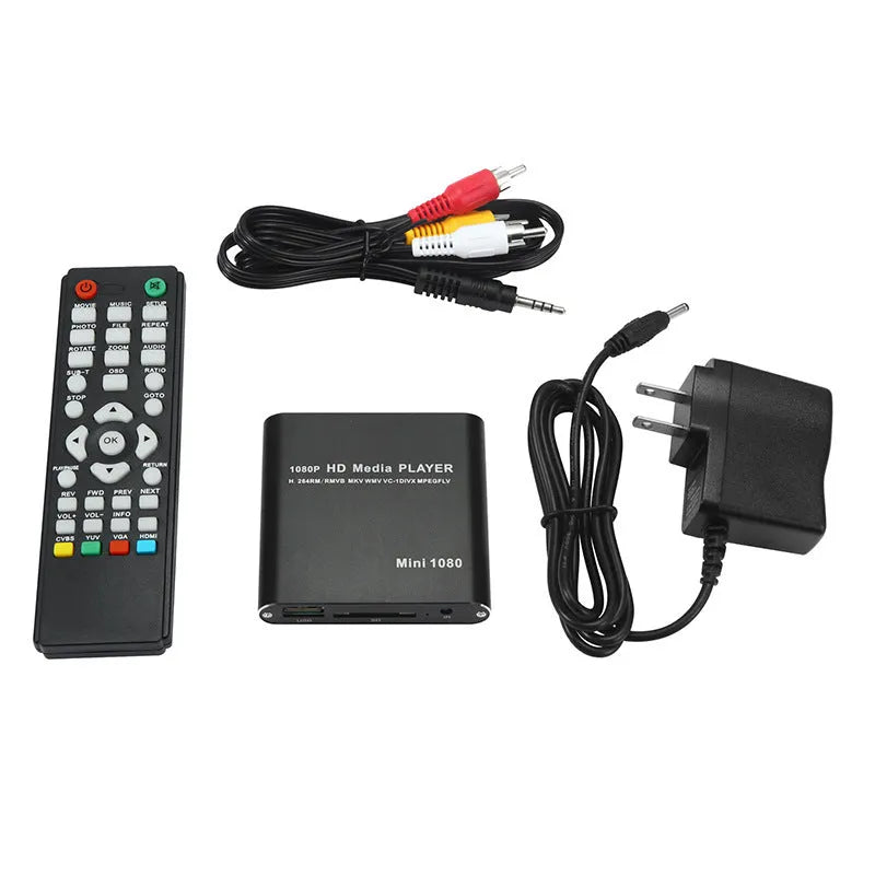 Compact black and blue all-metal 1080p HD media player with remote control on a wooden surface.