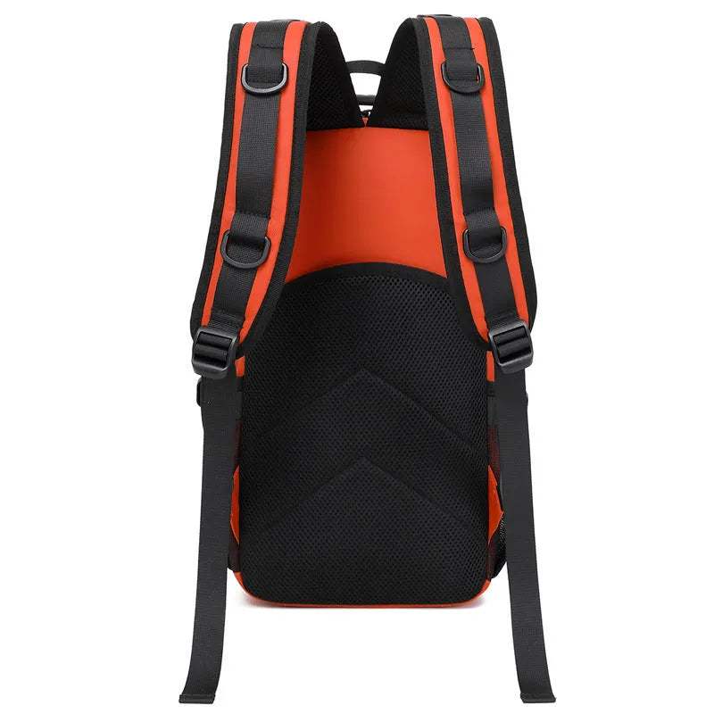Orange and black outdoor backpack with 20-35 litre capacity for hiking camping cycling