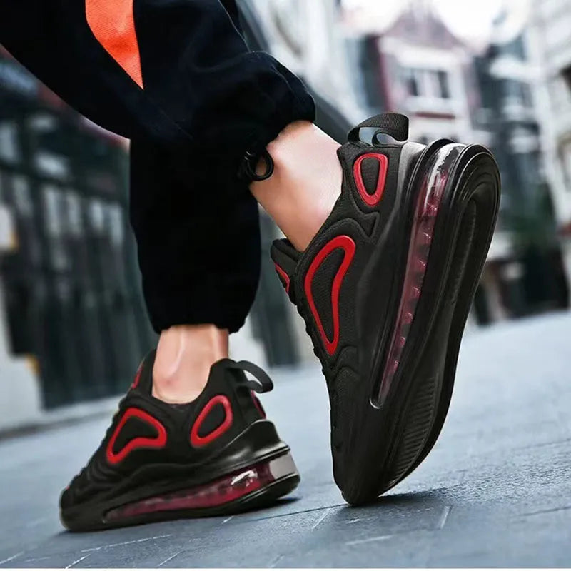 Men's black casual sneakers with lace-up front and air cushion design