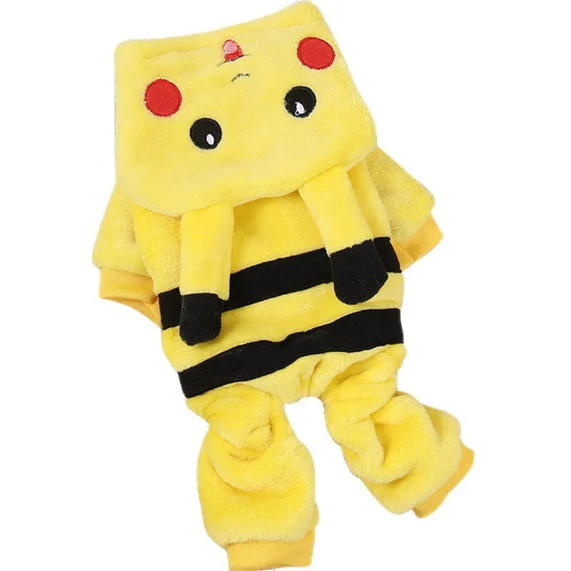 Cute cartoon-style fleece hoodie coat on a small cat or dog for autumn and winter.