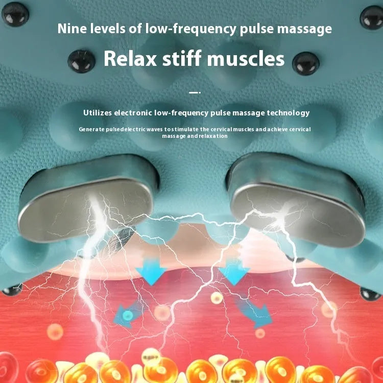 Blue-green cervical spine massage pillow showing compact 17cm design with hot compress and vibration functions