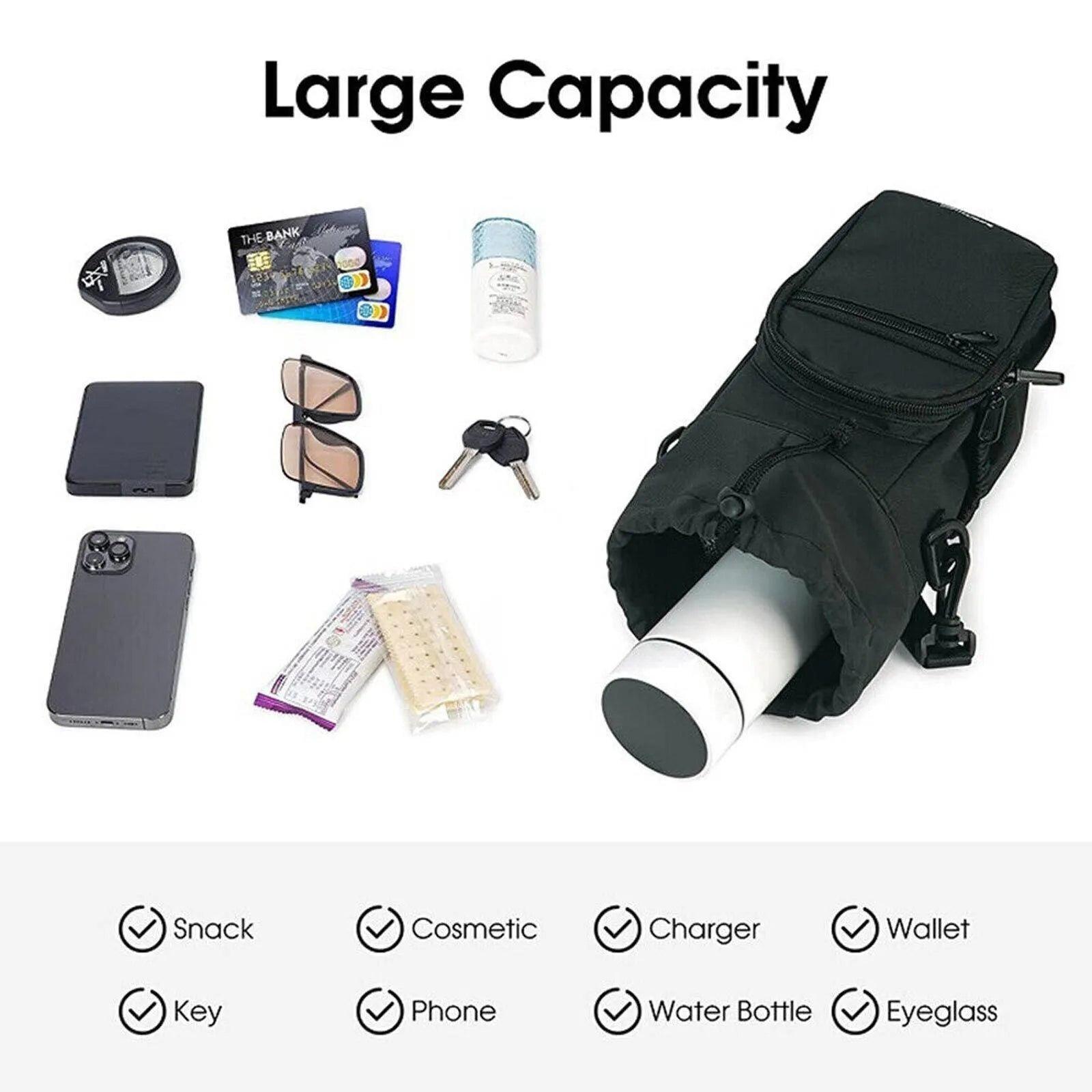 Soft cloth water bottle pouch with adjustable strap shown in black, green, and pink colour options.