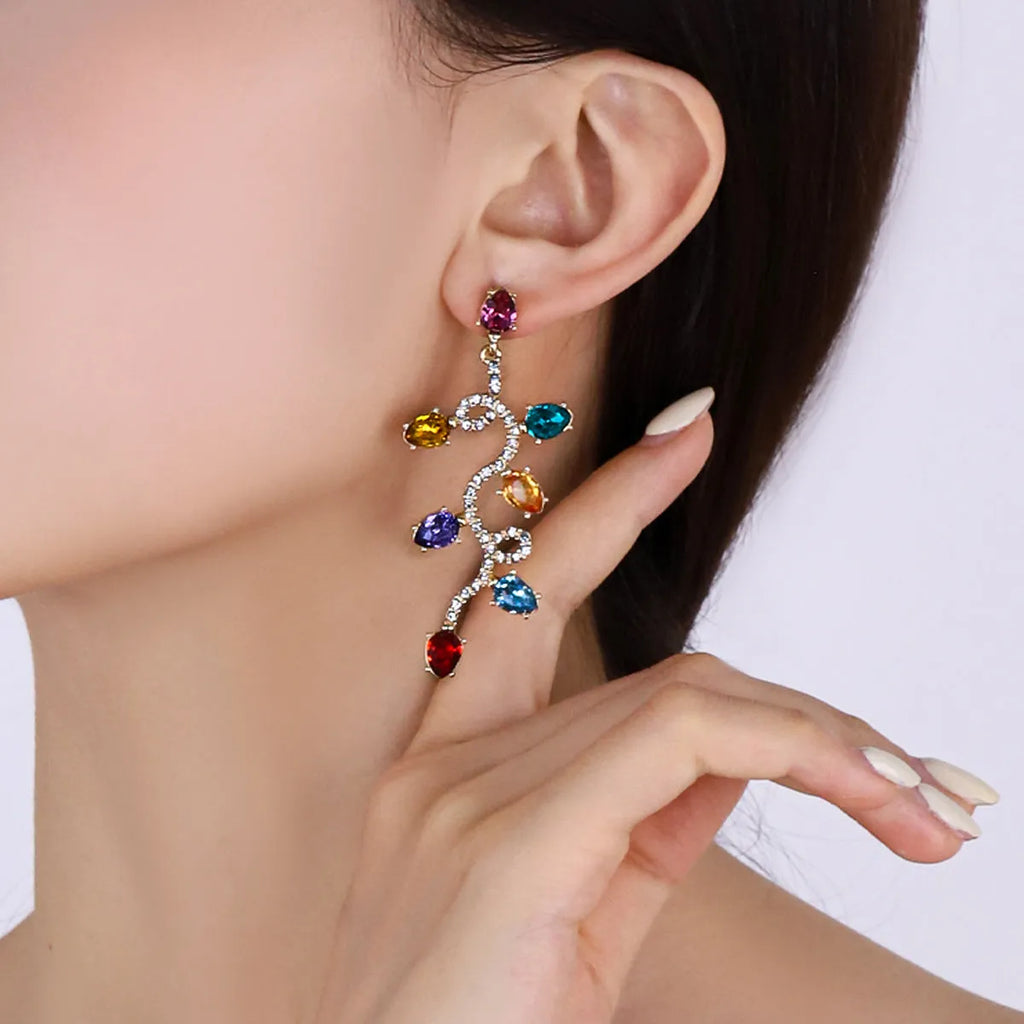 Retro fashion small lantern zircon stud earrings, colourful, alloy, geometric shape for women commuter OL style