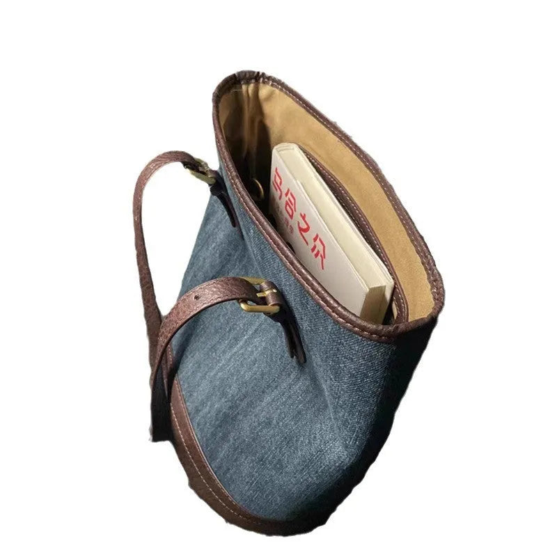 Denim patchwork one-shoulder bucket handbag with polyester construction