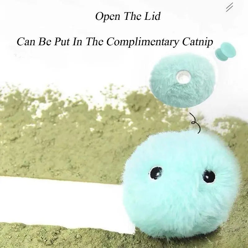 55mm diameter interactive cat toy ball in blue, pink, and yellow colours with removable lid for catnip