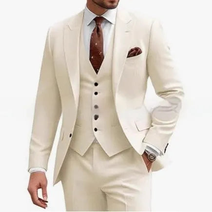 Men's slim fit three-piece suit in a choice of nine colours including bright red and khaki.