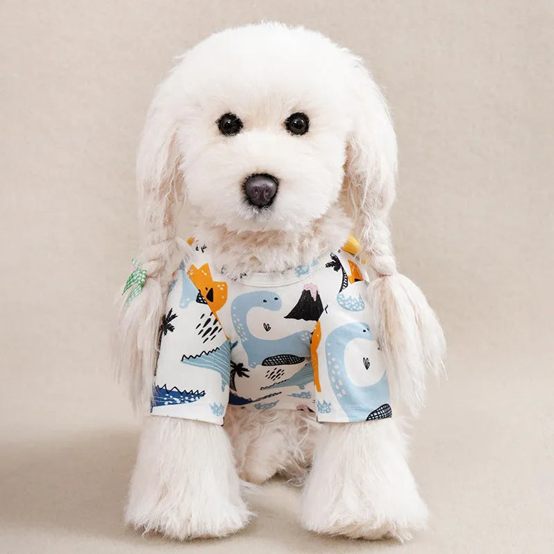 Polyester dog t-shirt with full-body printed design shown in multiple colour options and sizes