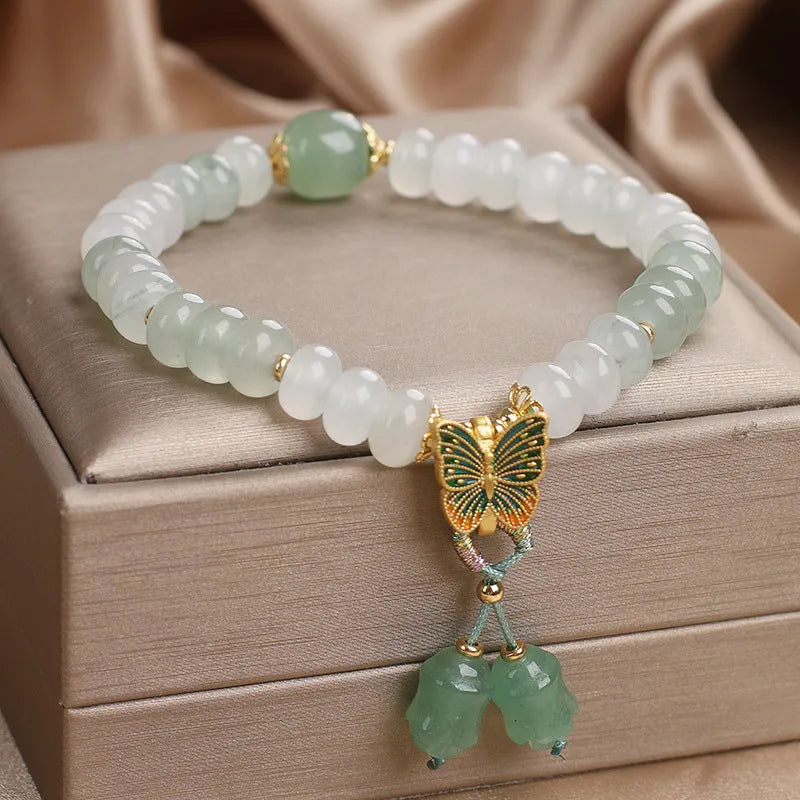 Green crystal women's bracelet with retro butterfly tassel and abacus beads