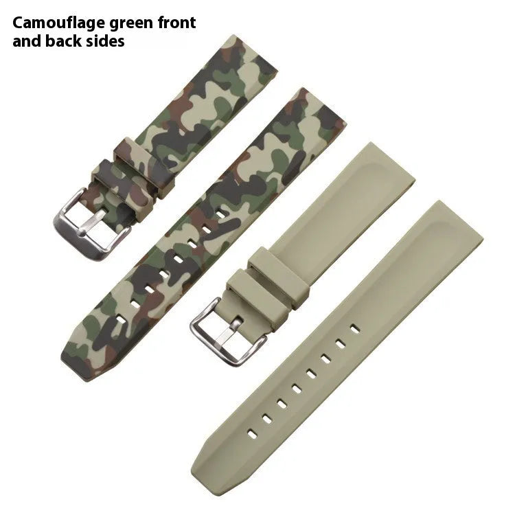Green camouflage silicone watch strap with universal flat head lugs