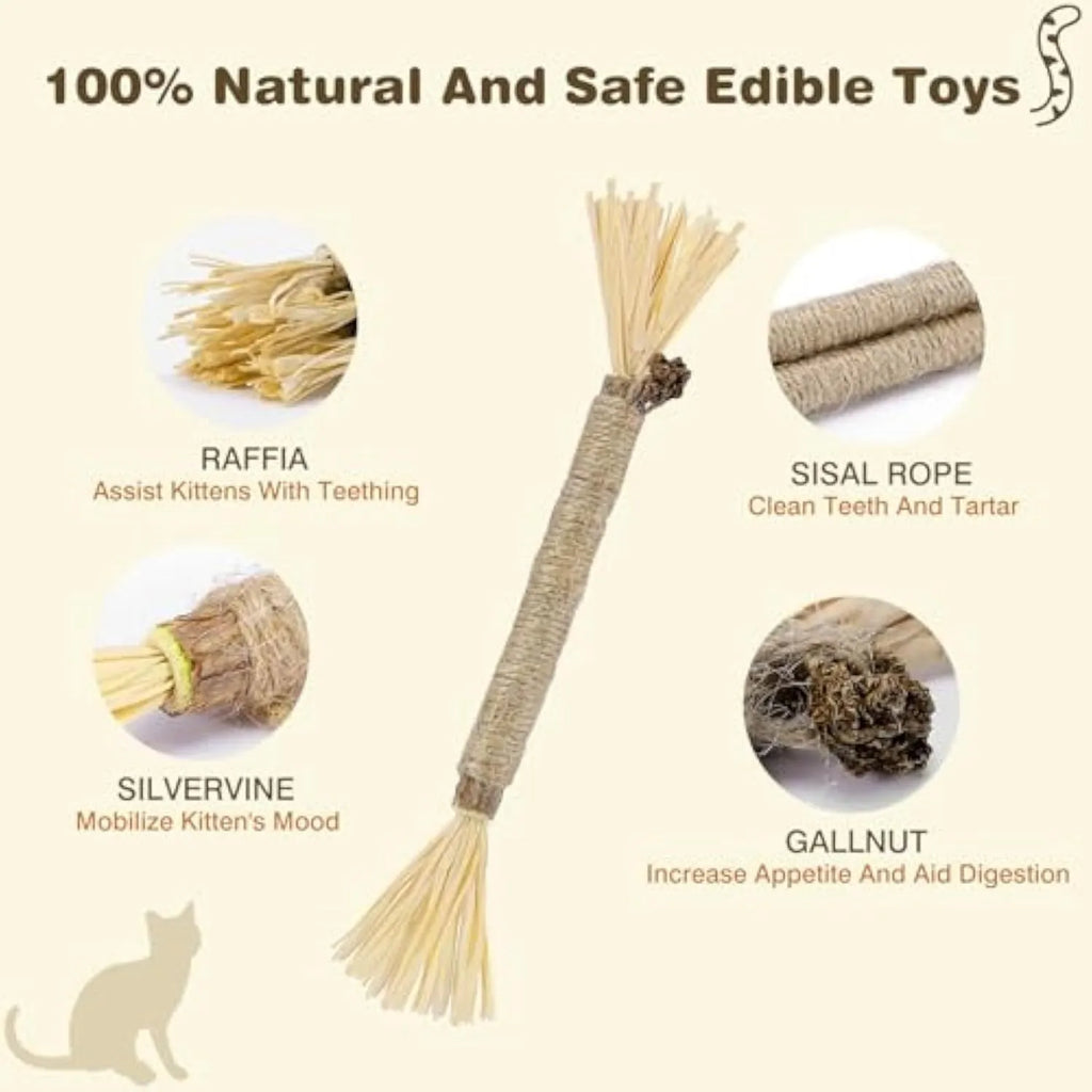 Three natural silvervine chew sticks for cats on wooden surface