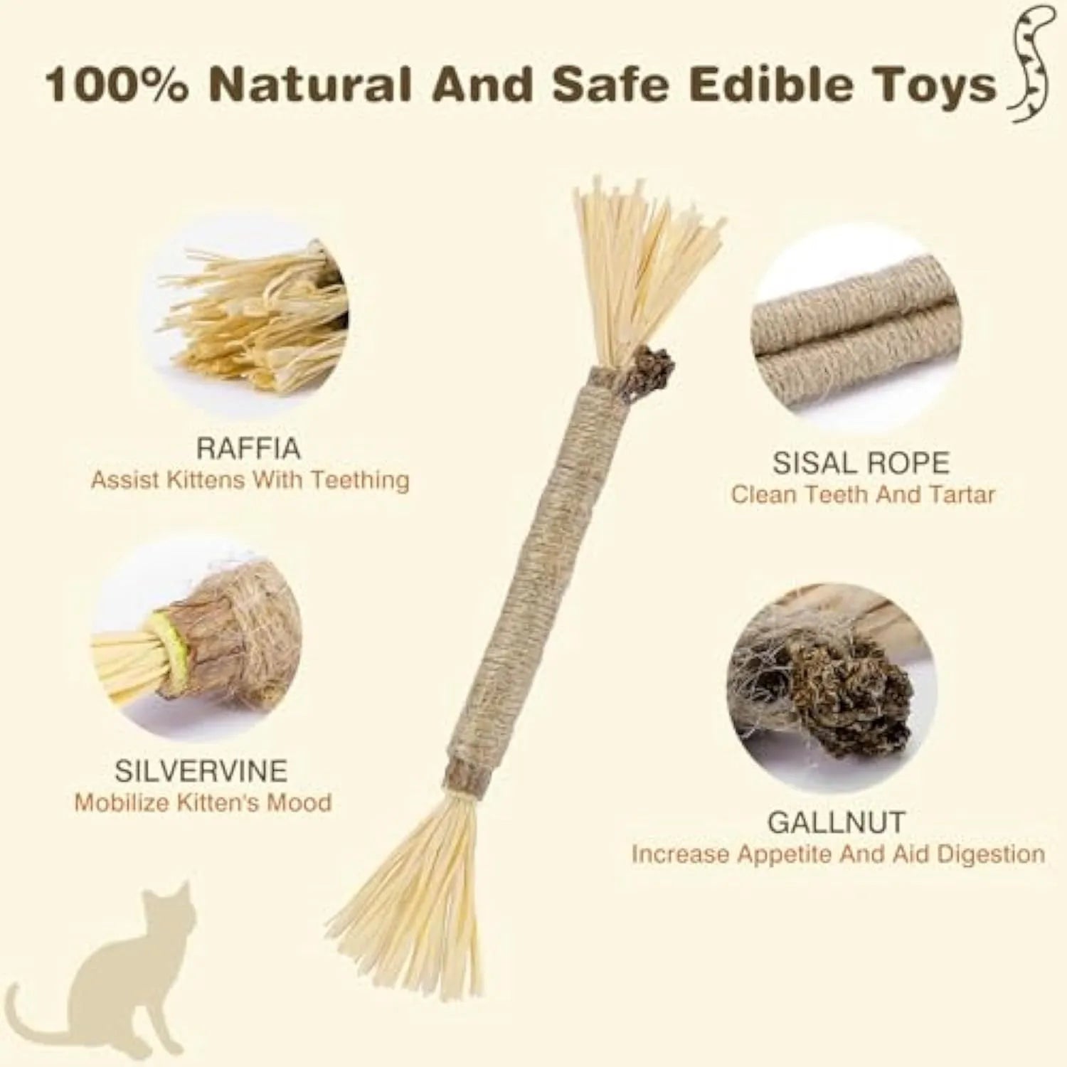 Three natural silvervine chew sticks for cats on wooden surface