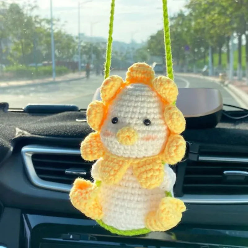 Green and white knitted wool succulent car ornament with 8cm base and hanging cord