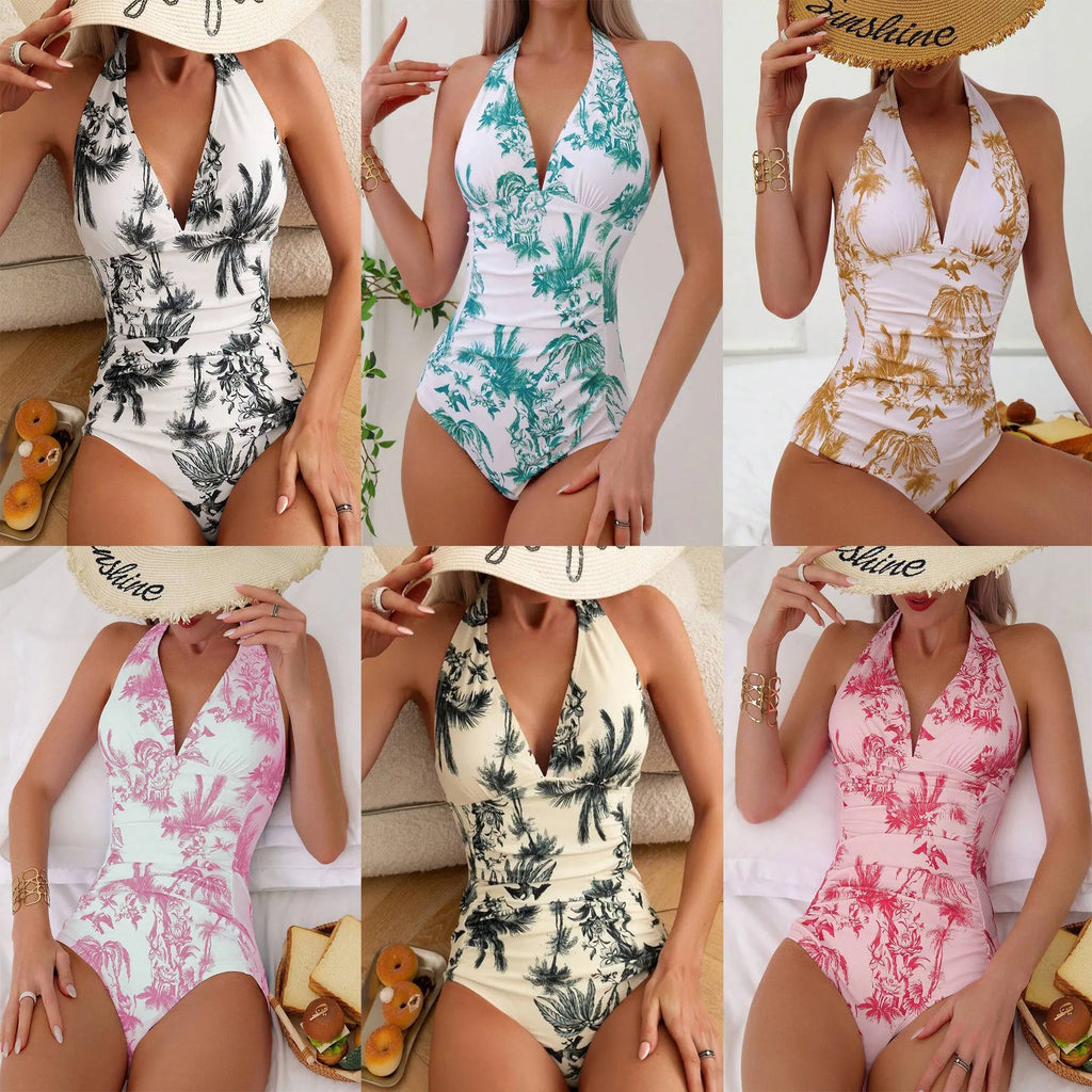 Women's printed V-neck one-piece swimsuit in apricot colour showing one-piece design