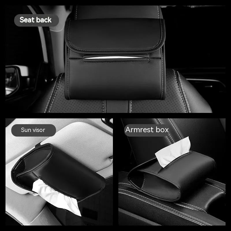 Leather car tissue box mounted on car sun visor with elastic band button fastening