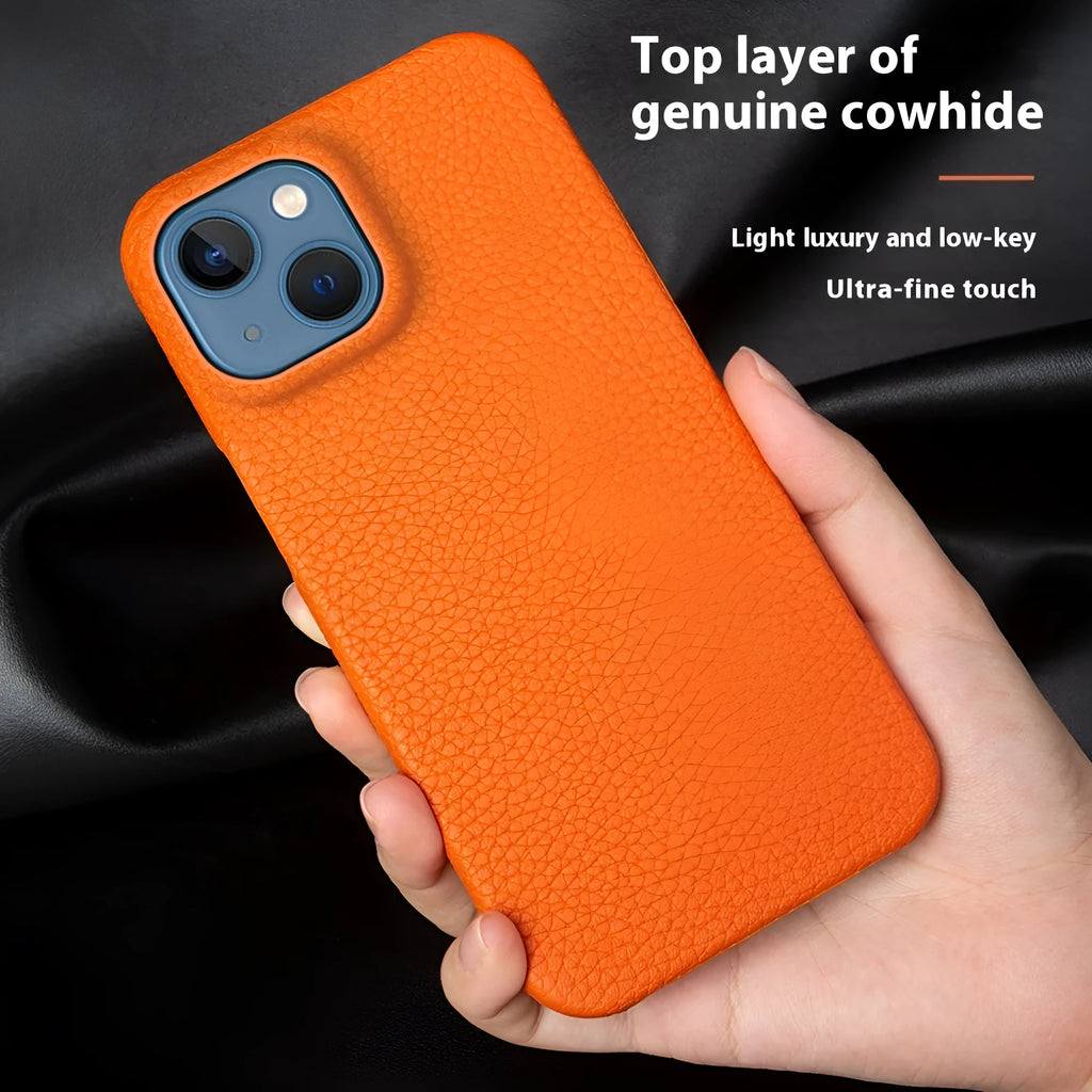 Genuine leather half pack phone case for iPhone 16 in orange colour with anti-fingerprint finish