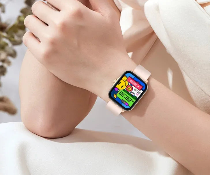 Smart watch with 1.7-inch colour touchscreen on adjustable strap in black, blue or gold