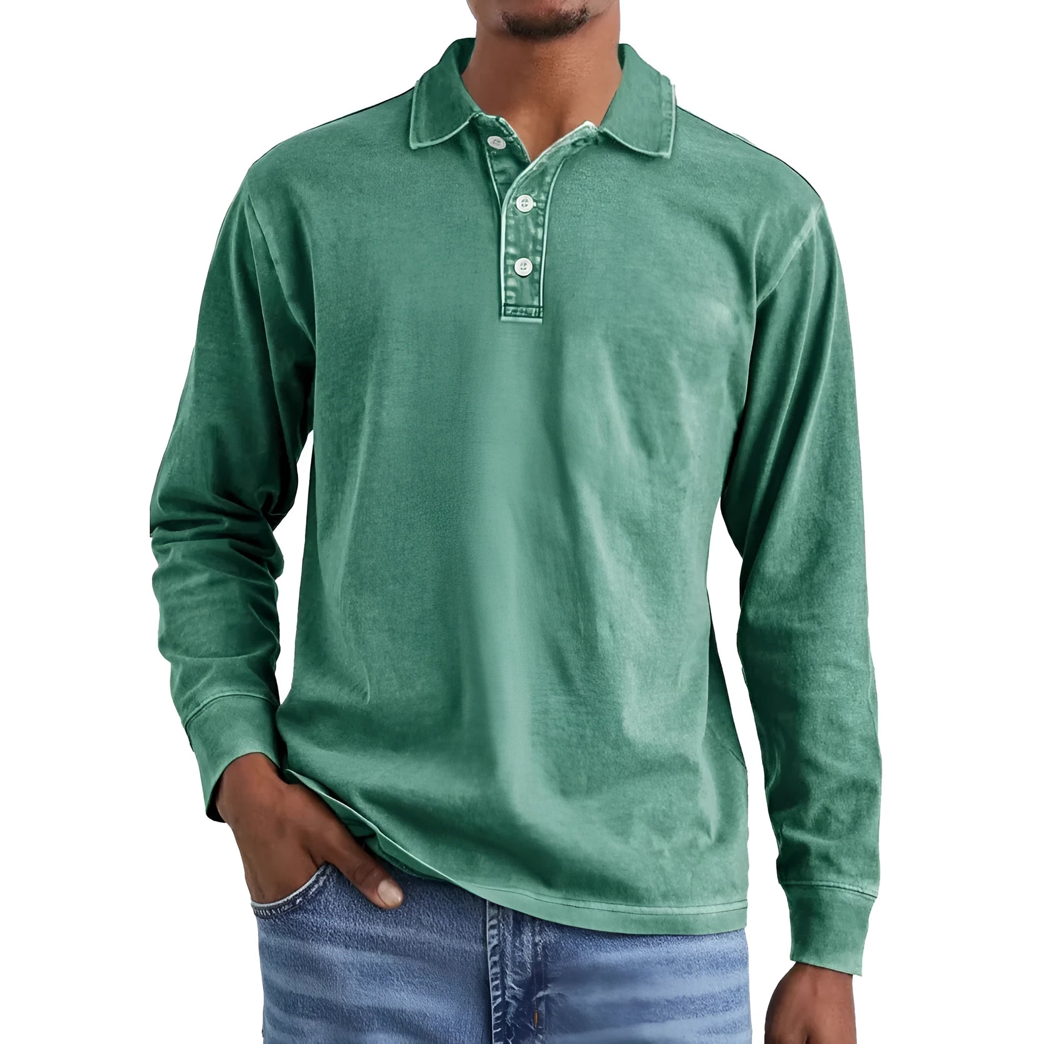 Men's retro washed distressed cotton lapel polo shirt in Army Green colour showing long sleeves and pointed collar