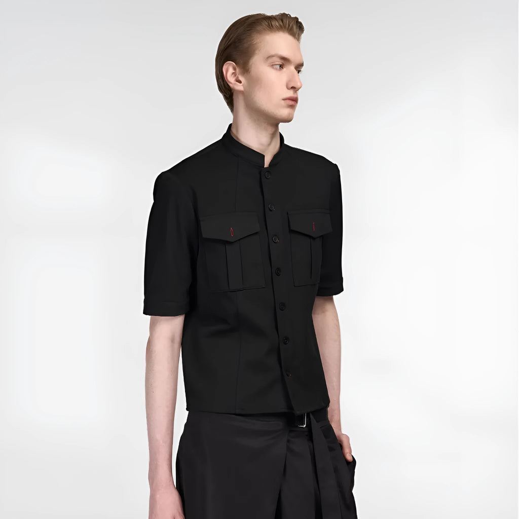 Handmade black hunting shirt with half sleeves and shirt collar for red eye hunting activities