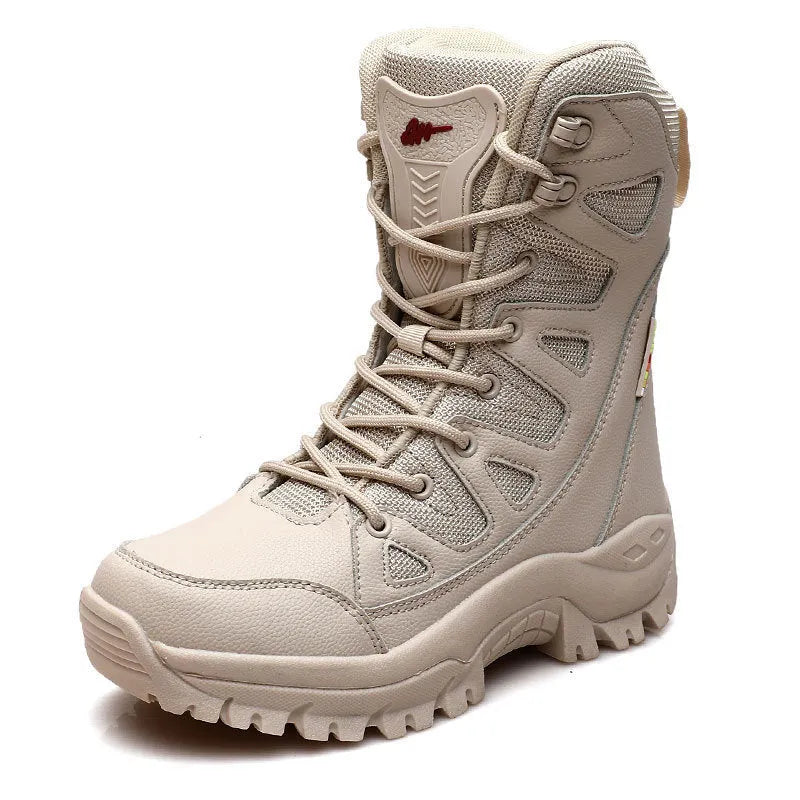 Men's beige cowhide hi-top hiking sneakers with platform sole for outdoor activities.