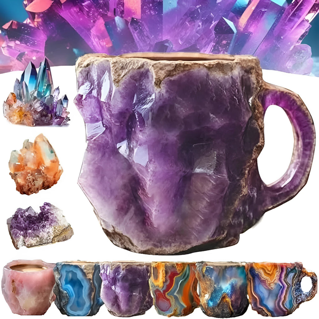 Resin mineral crystal coffee mug with handle showing 3D crystal appearance