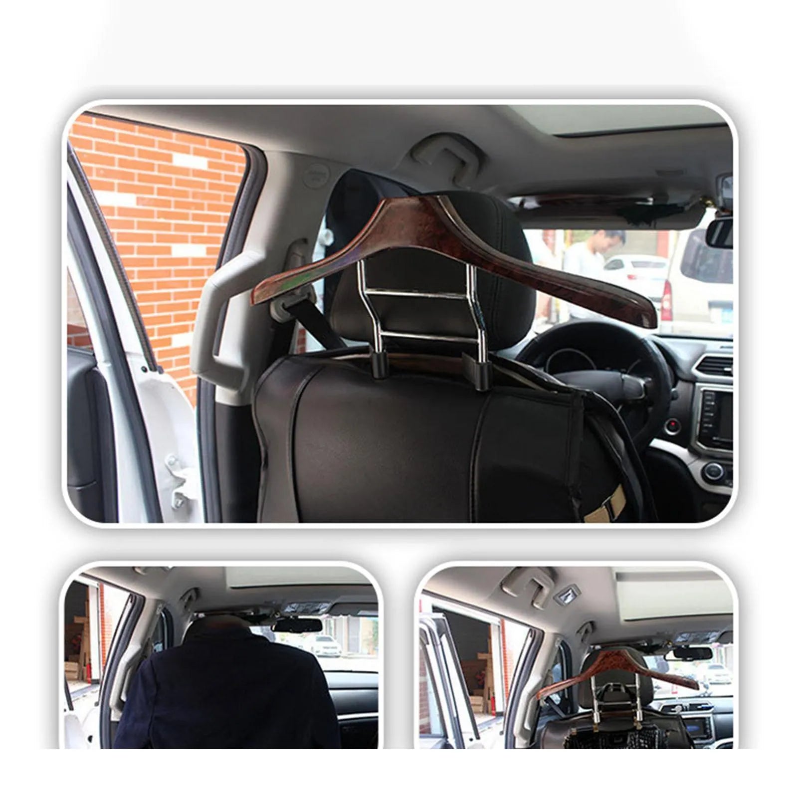 Wood yellow stainless steel car clothes hanger for suits and shirts, showing detachable design.