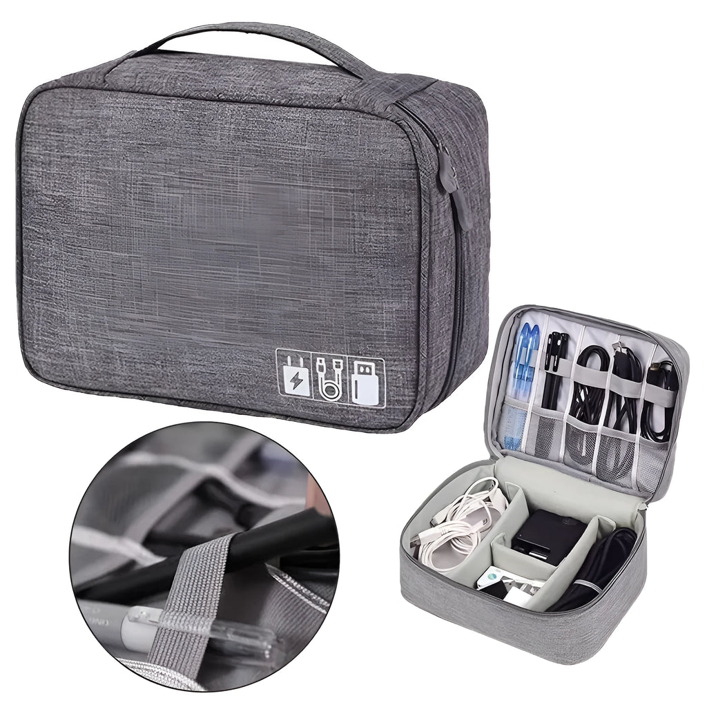 Black travel cable organiser bag open, showing mesh pockets, elastic loops, and removable padded dividers.