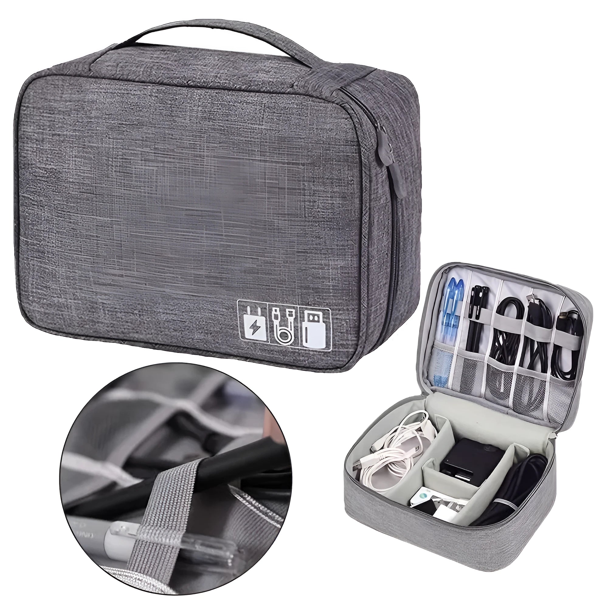 Black travel cable organiser bag open, showing mesh pockets, elastic loops, and removable padded dividers.