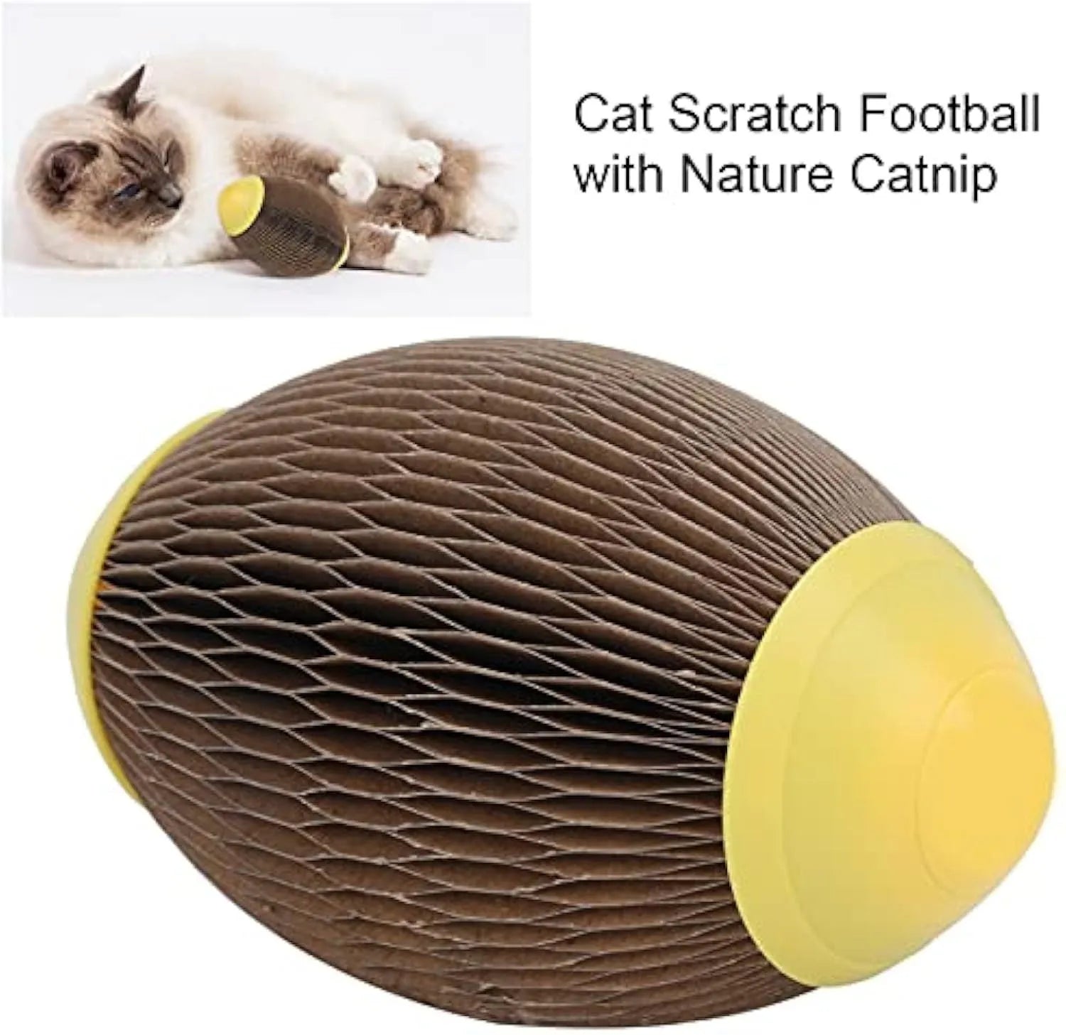 Ellipse-shaped catnip football toy made from recycled corrugated paper with scratching surfaces