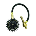 Red mechanical tyre pressure gauge with metal body and rubber shell for SUV and off-road vehicle use.