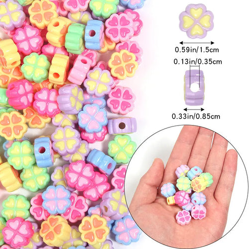 15mm frosted acrylic love clover beads in mixed colours: rose red, pink, yellow, green, blue, purple.