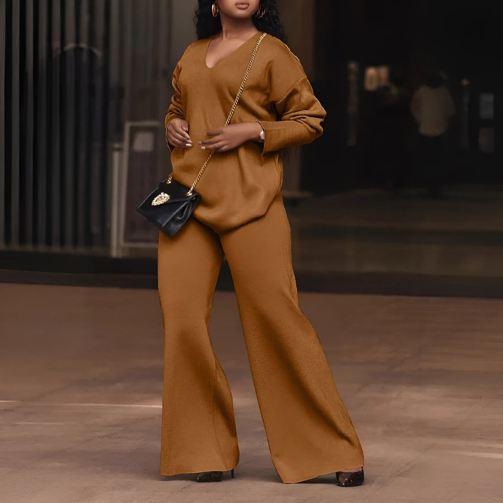 Women's brown thickened suede two-piece suit with long sleeves and trousers in Japanese Korean casual style