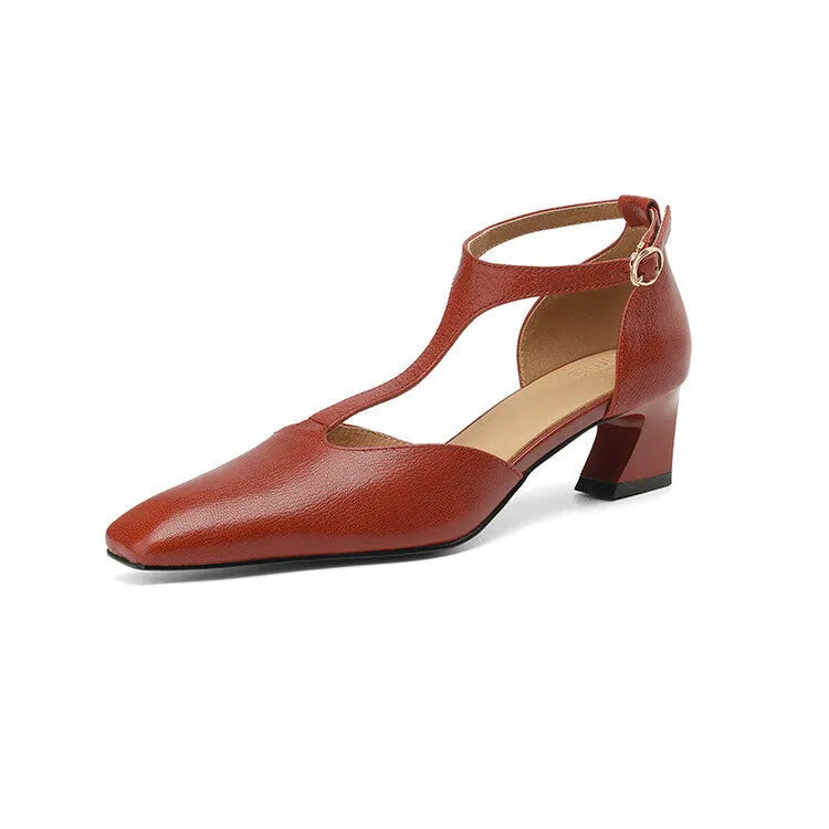 Wine red retro women's shoes with square toe, chunky heel, buckle closure and sewing lines on sheepskin leather.