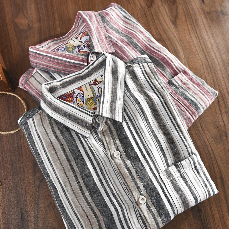 Men's striped linen shirt in loose fit with long sleeves for casual wear
