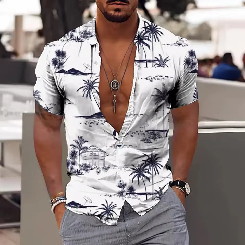 Men's loose fit floral print beach shirt in polyester, short sleeves, cardigan style.