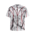 Short sleeve t-shirt with padded shoulders and three-dimensional patchwork design in round neck style