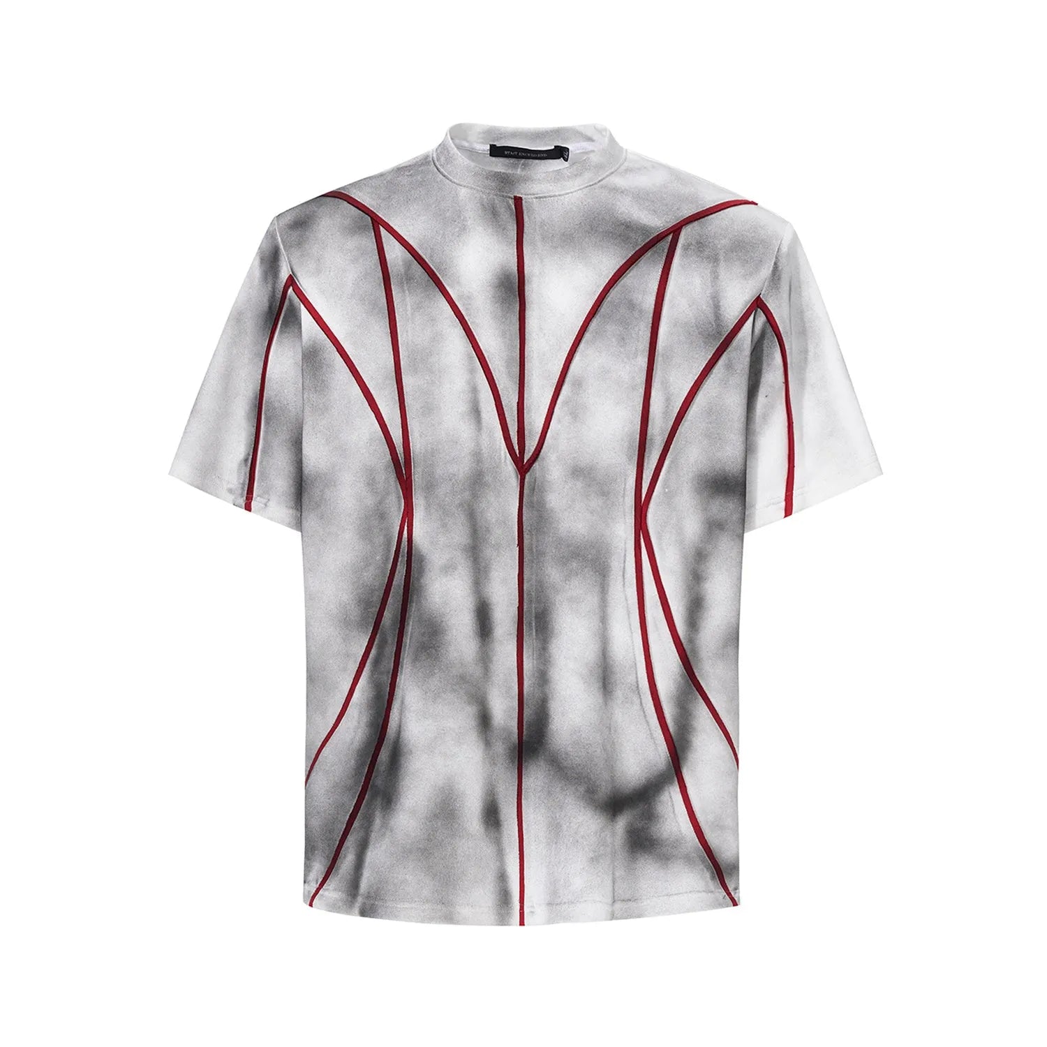 Short sleeve t-shirt with padded shoulders and three-dimensional patchwork design in round neck style