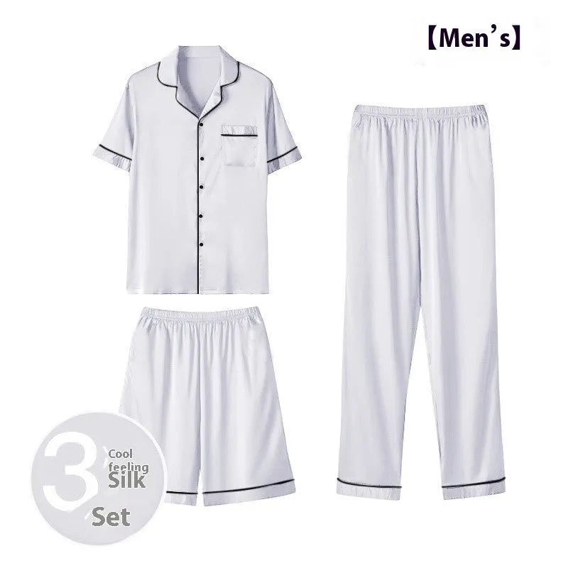 Men's ice silk three-piece home wear set with shorts and trousers in thin summer fabric