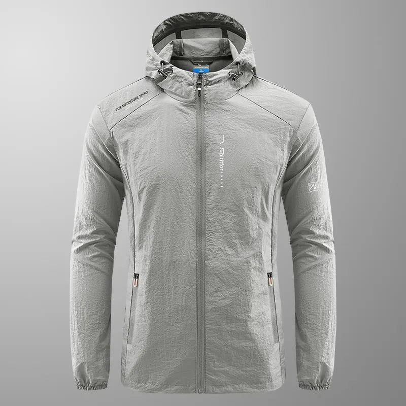 Men's light grey loose fit nylon hooded summer jacket on a hanger