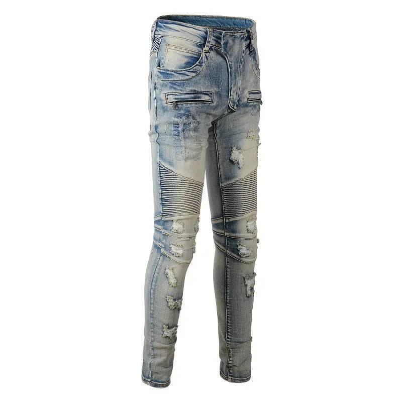 Light blue men's slim fit distressed jeans with hand-frayed detailing on the knees and hem.
