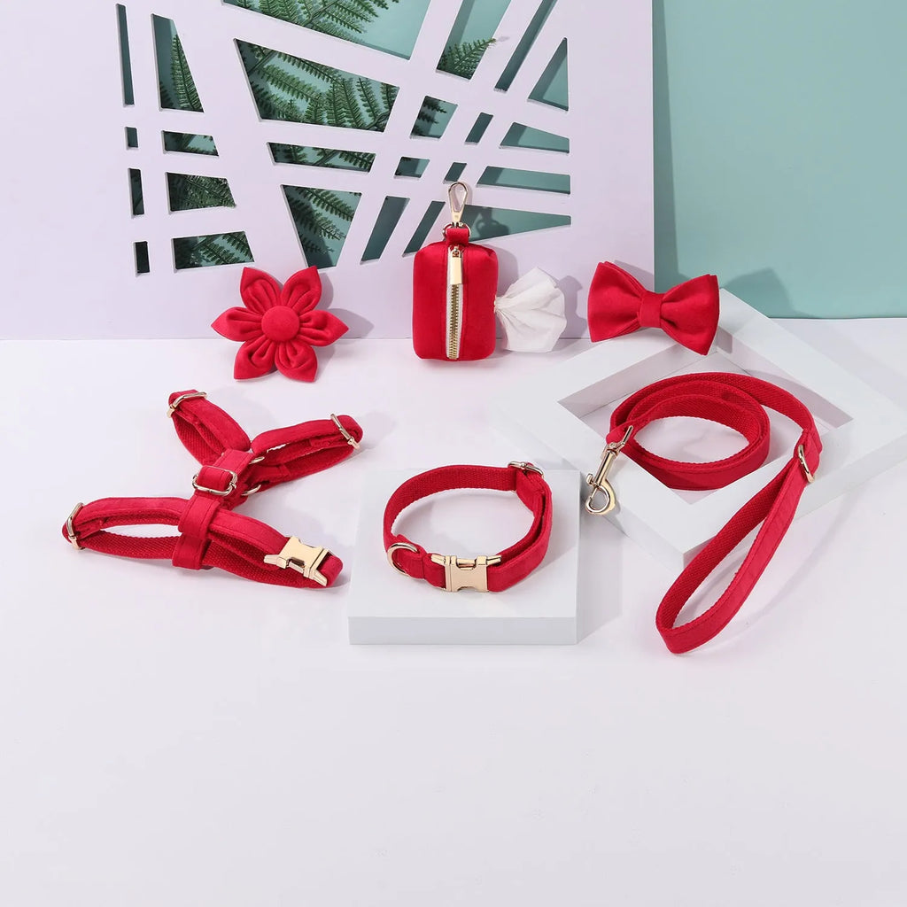 Classic velvet pet collar and traction rope set with chest strap, bow tie, flower, and toilet bag in multiple colour options.