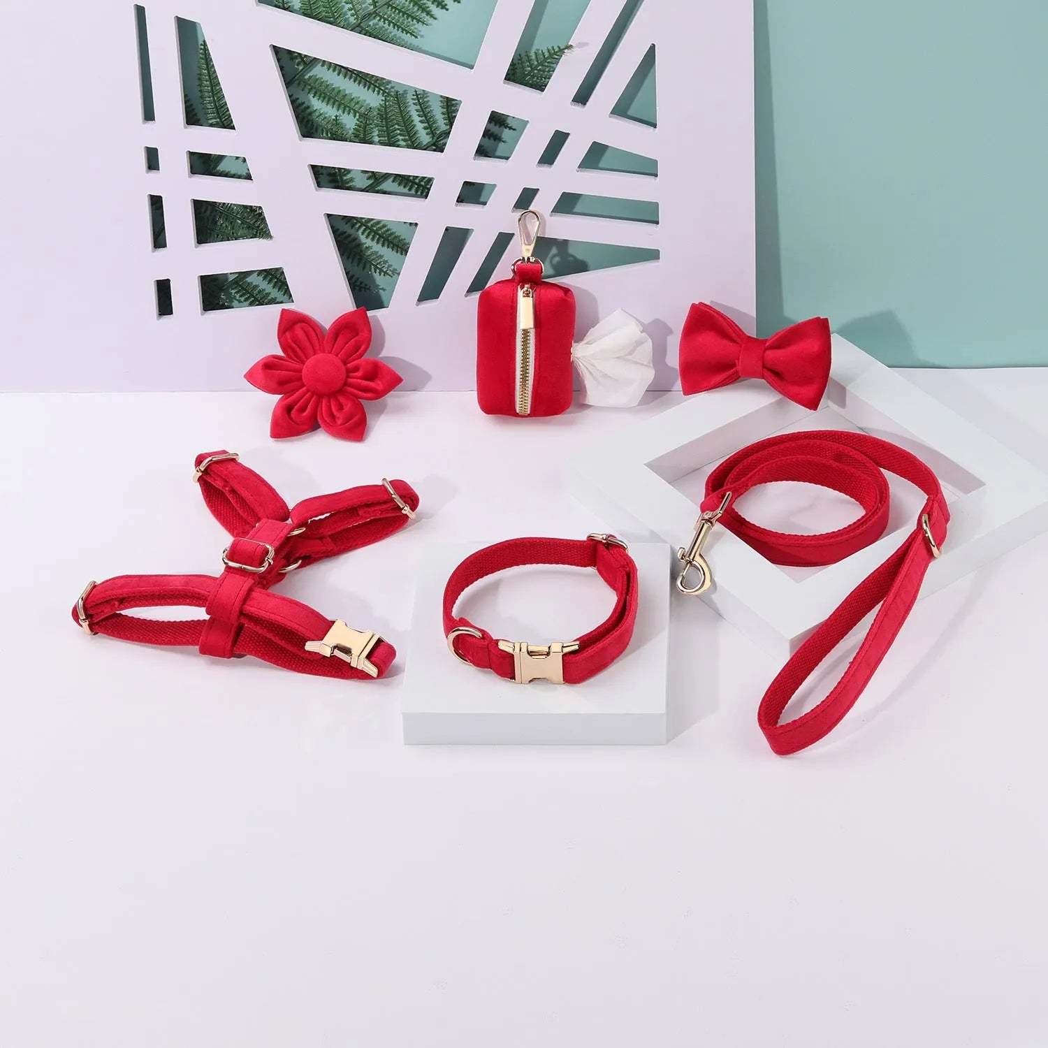 Classic velvet pet collar and traction rope set with chest strap, bow tie, flower, and toilet bag in multiple colour options.