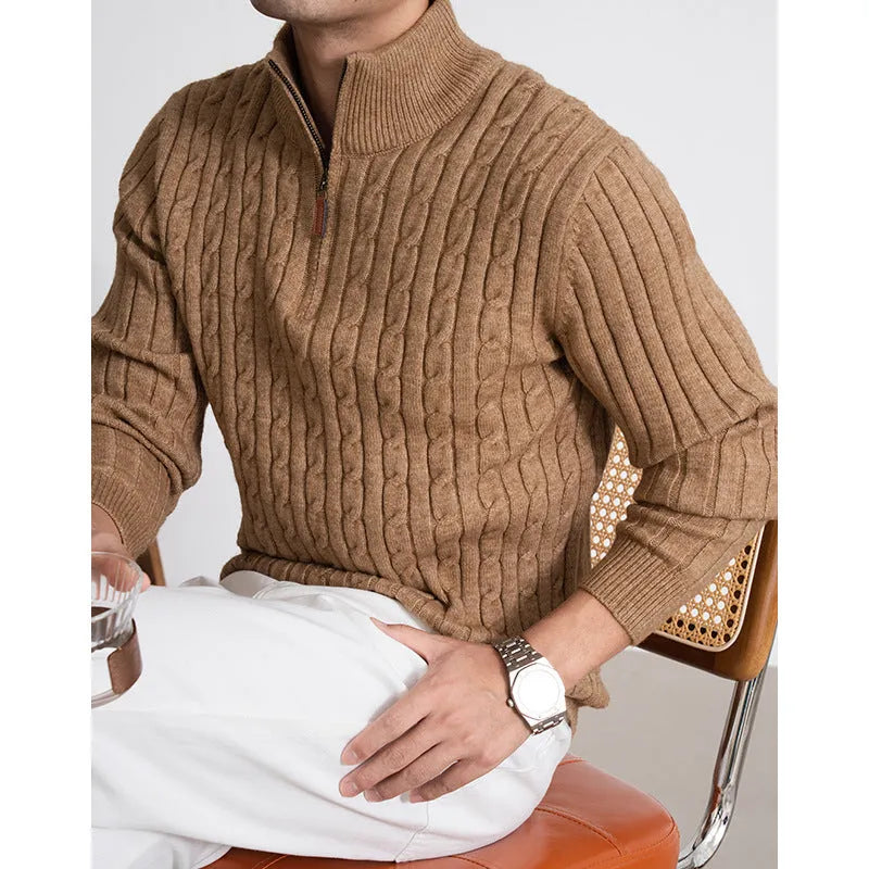 Men's solid colour half-height zip twisted sweater in oatmeal, long sleeves, cotton blend