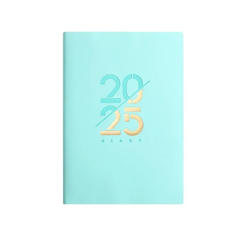 Soft cover A5 daily planner schedule book in blue, showing lay-flat binding and faux leather texture.