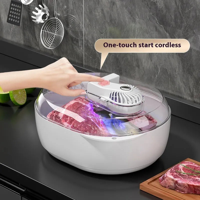 A modern aluminium defrosting plate with a separate USB cable for quick household food thawing.